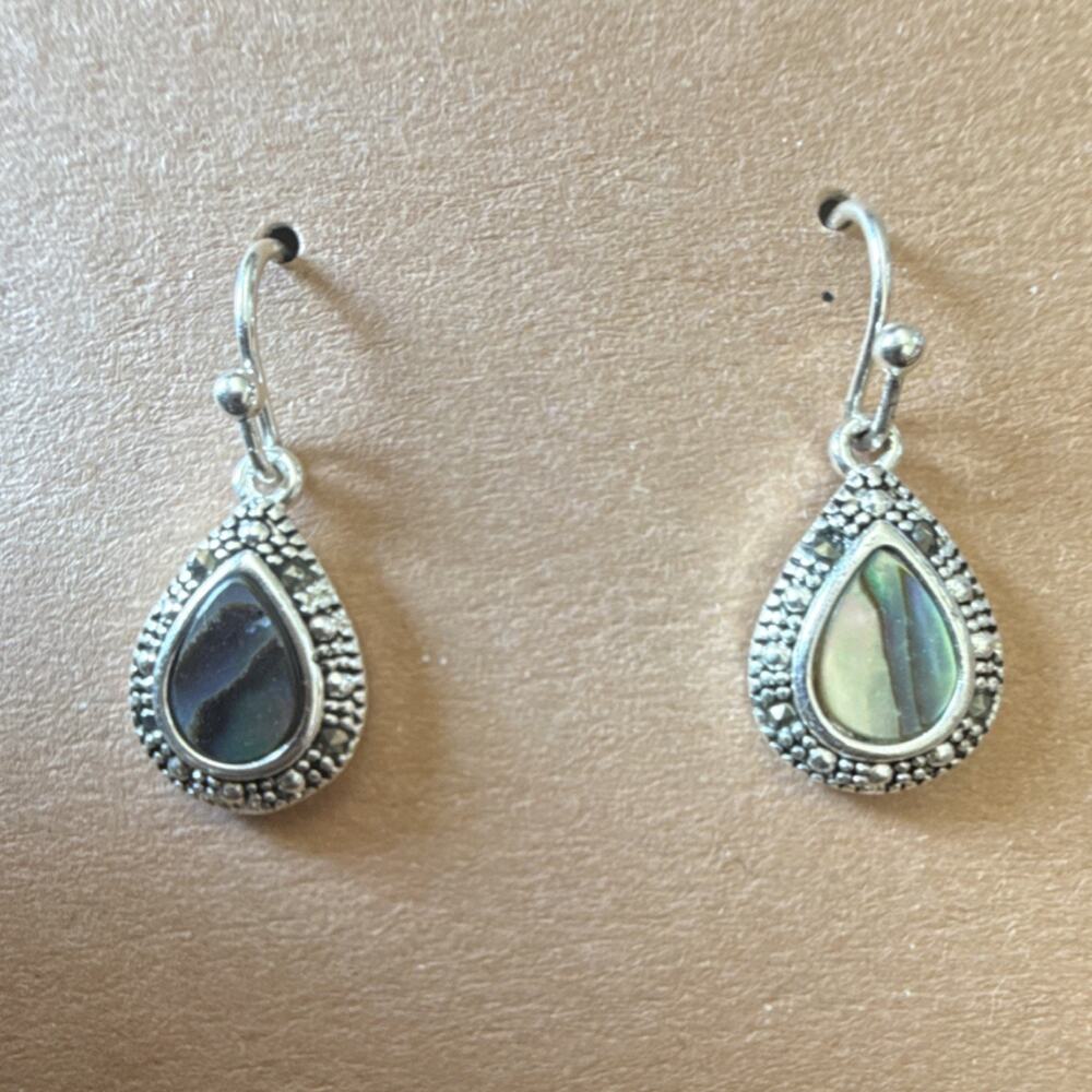 Teardrop Abalone Mother of Pearl Bezel Dangle Drop Hook Earrings Silver Tone